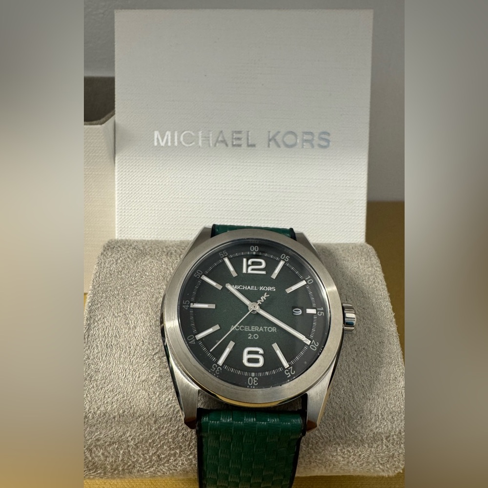 Michael Kors Silver and Dark Green Accelerator 2.0 Silicone Strap Watch for Men